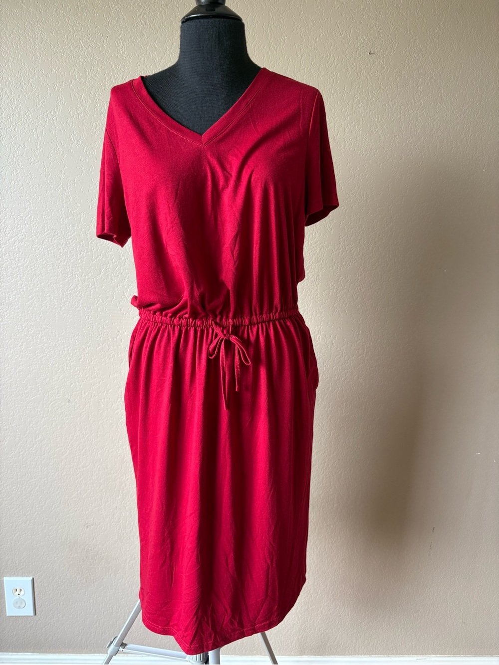 Huskary Short Sleeve Red Tshirt Dress Elastic Waist Pockets SZ Small V Neck